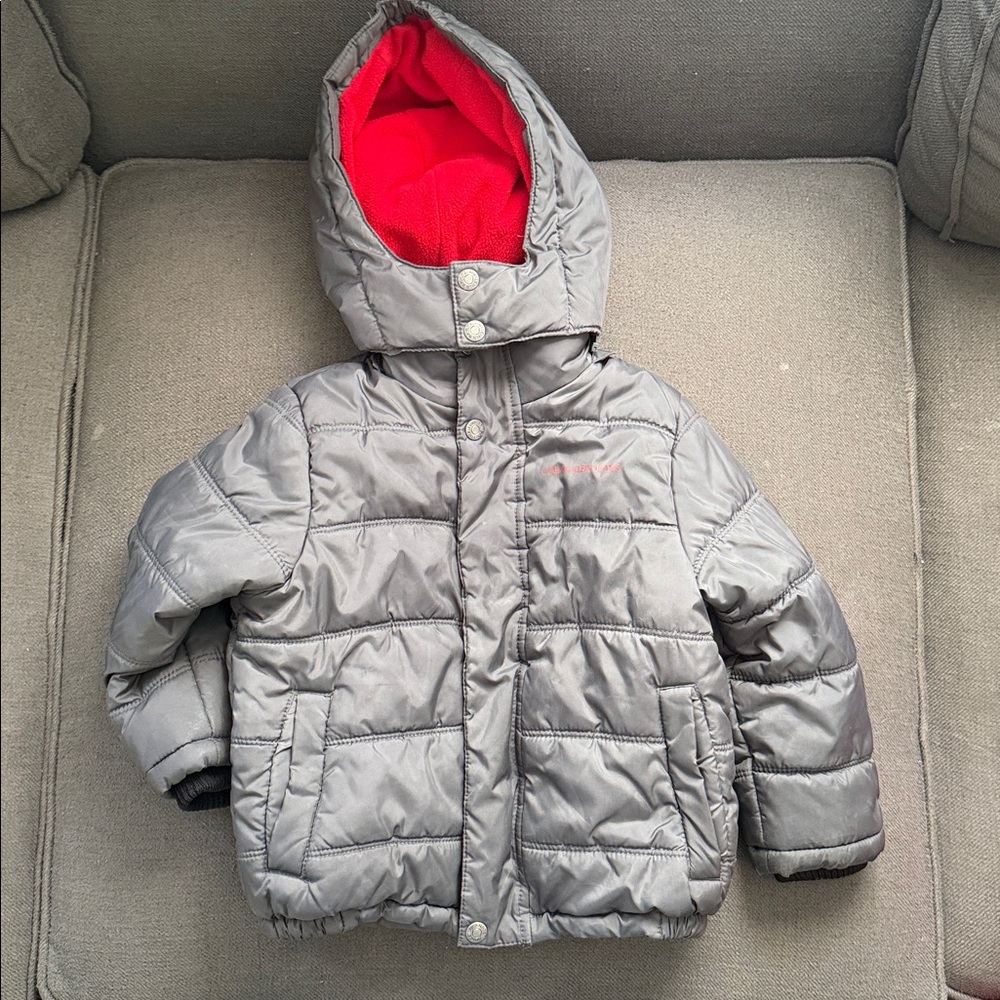 Calvin Klein Gray Hooded Puffer Jacket with Red Lining